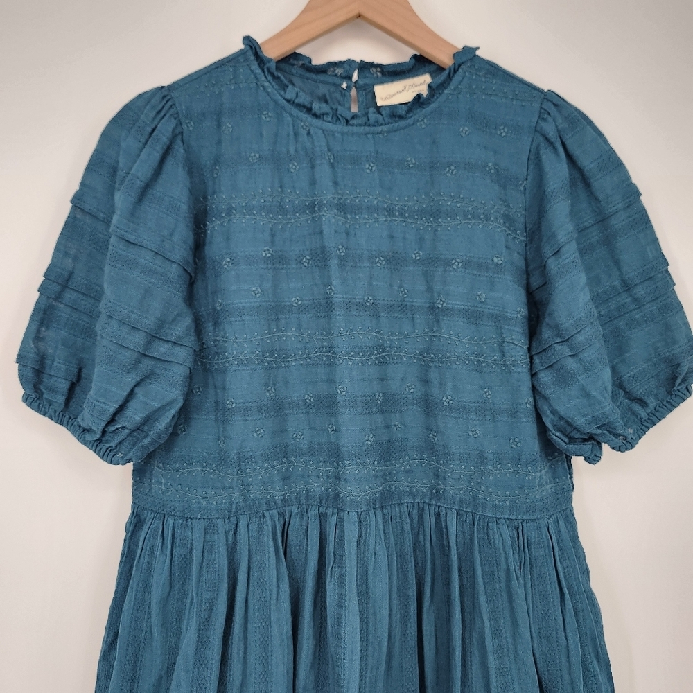 Universal Thread Womens Dress Size S Dark Teal Embroidered Puff Sleeve Ruffles - Picture 2 of 9